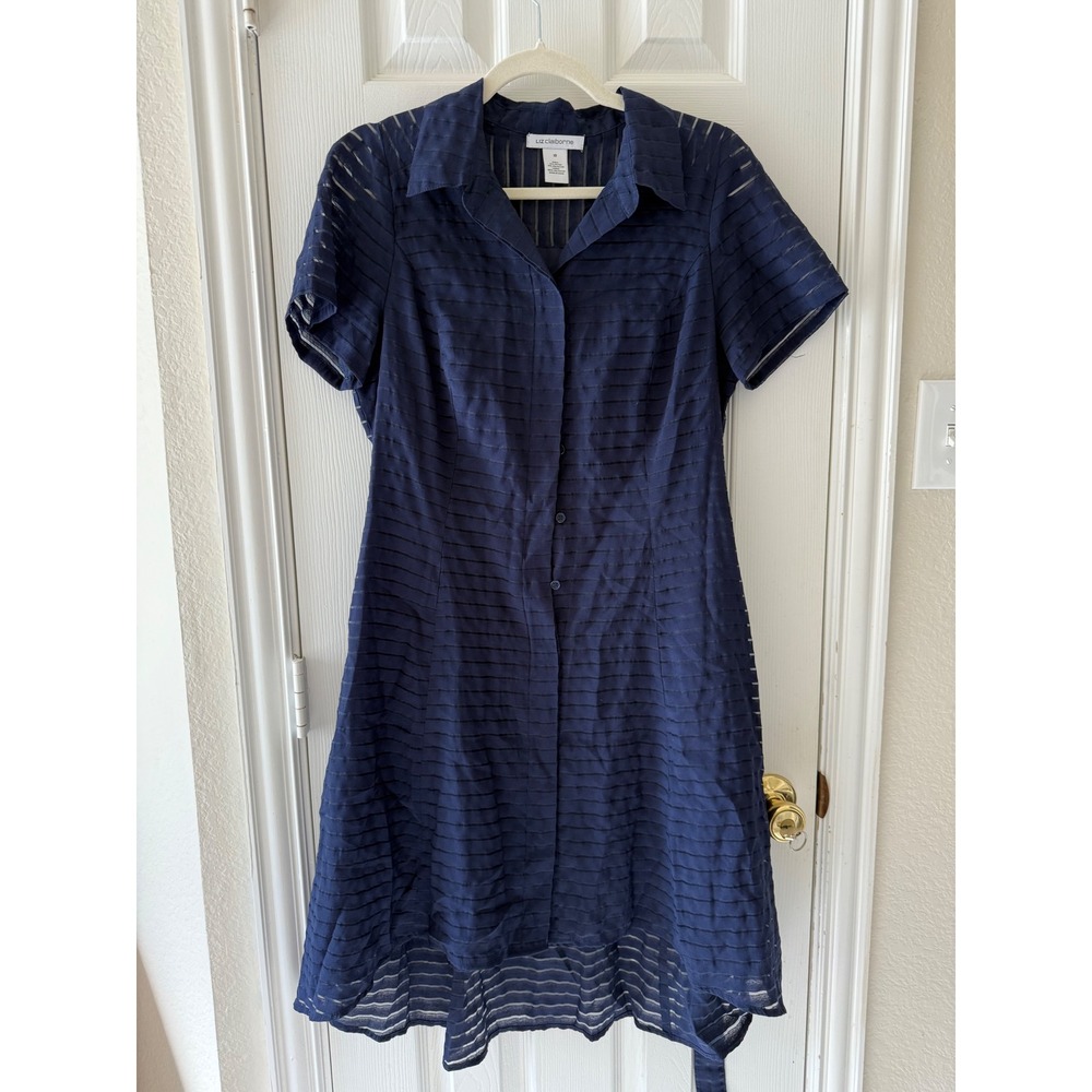 Liz Claiborne Navy Blue Striped Shirt Dress Collared Short Sleeve Size 10